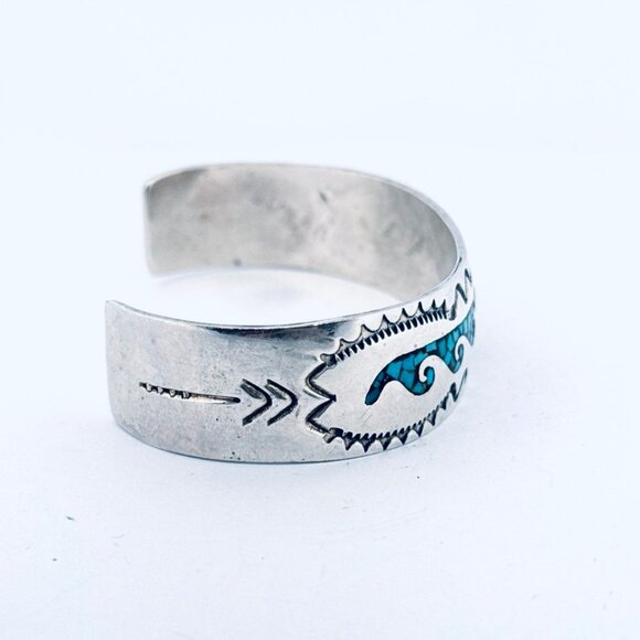 Vintage Sterling Silver Turquoise Coral Inlay Cuff Bracelet Southwestern Design - Picture 2 of 11